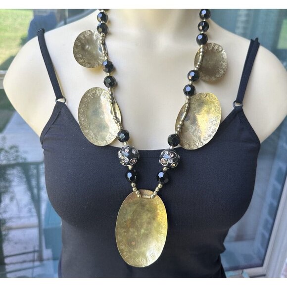 Vintage Brass Copper‎ Silver Tone Avant Garde Bib Necklace Pressed Etched 24" - Picture 6 of 11